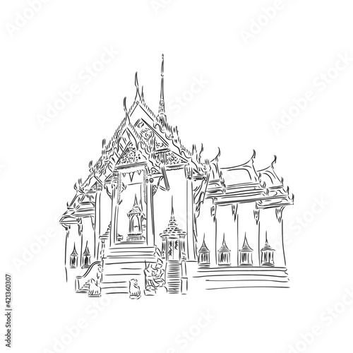 Wat Phra Kaew, holy place and grand palace, Bangkok, Thailand. Hand drawn sketch in vector illustration.
