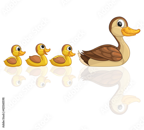 Funny duck with ducklings. Vector color illustration. Isolated on a white background.
