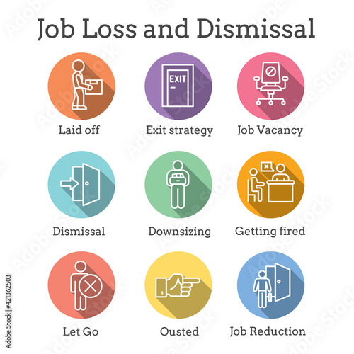 Job Loss, Downsizing, Getting Fired, and Unemployment due to Covid 19 or Coronavirus Icon Set