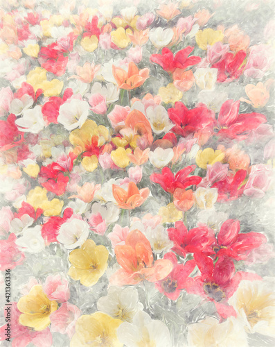 Colorful tulip flowers watercolor. Digital illustration. © SunnyS