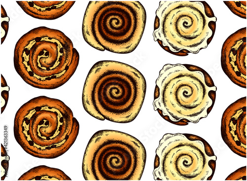 Bakery pattern with sketch colorful cinnamon rolls on white background. Cinnamon bun with icing, raisins, filling, pecans. Retro style, drawing dessert, food background for cafe. Vector illustration