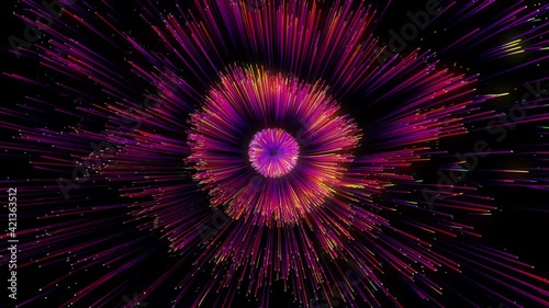 Explosion of neon blue particles isolated on black background 3d animation of bright drops splash abstract flow digital blast vibrant firework or outburst