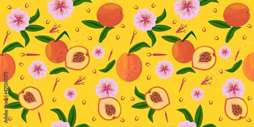 Wallpaper Mural Geometric seamless pattern with the image of peaches, flowers and leaves on a yellow background for fabric, wrapping paper, packages Torontodigital.ca