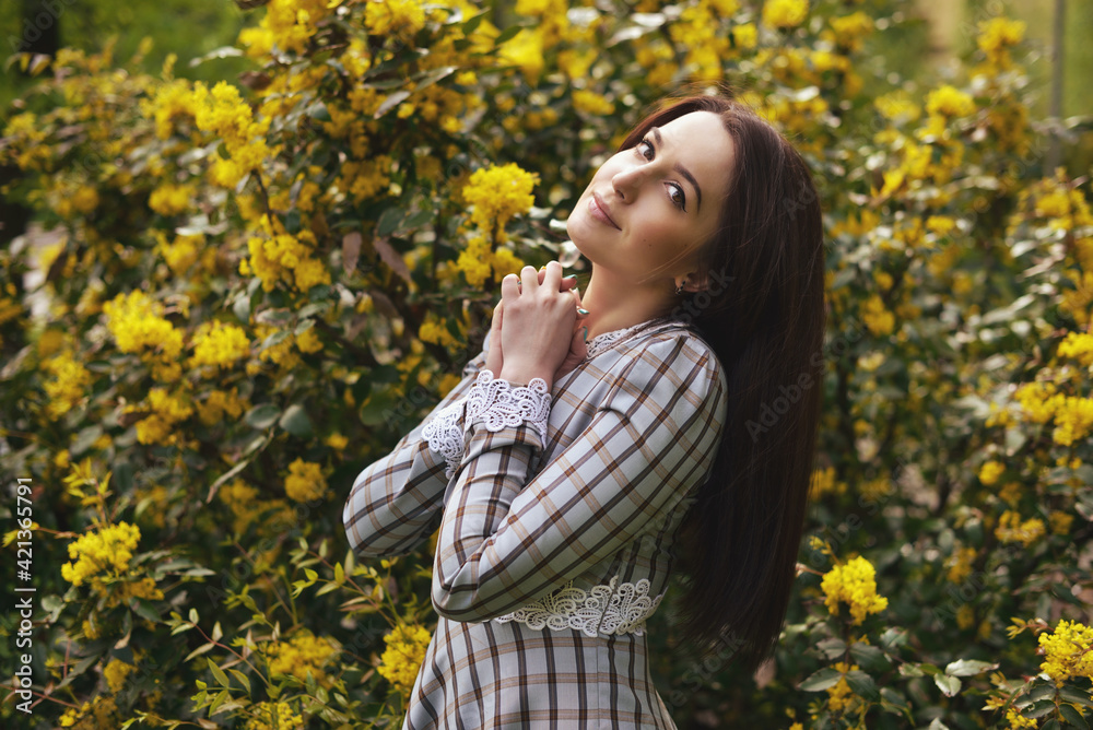 Portrait of a beautiful young woman with long brown straight hair. Girl posing in nature in a plaid dress outdoor Portrait of a beautiful young woman with long brown straight hair. Girl posing in nature in a plaid dress outdoor