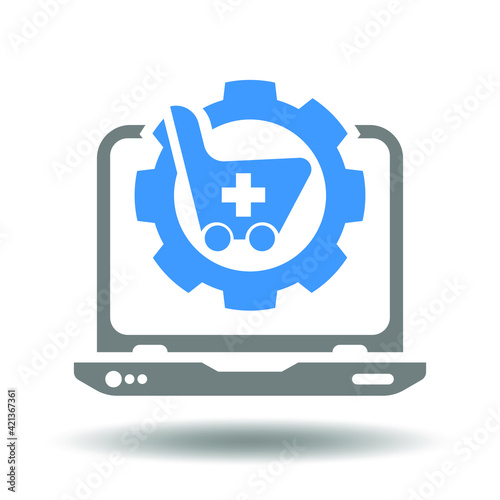 Laptop with gear and shopping cart with plus vector icon. Procurement management symbol. Electronic marketing sign. Market place system illustration.