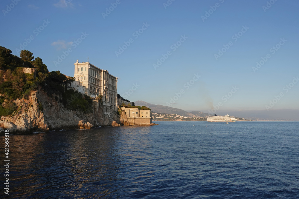 Panorama of the bay  and a palace on a cliff in front of the sea 