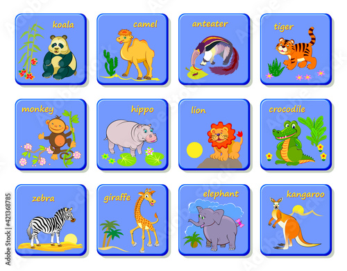 Set of playing cards with exotic animals. Zoological lotto board game. Learn English words. Study animal names. Printable illustrations of cute pets for children. Flat clip-art cartoon vector.
