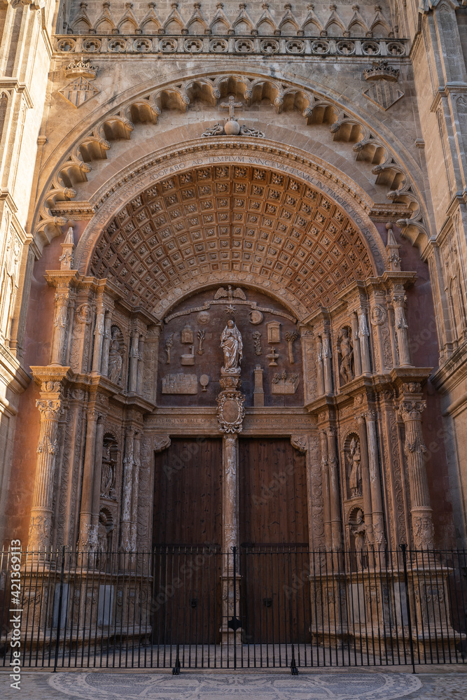 Beautiful view of the entrance of the cathedral Basilica de Santa Maria in Palma de Mallorca, Spain (Vertical)
