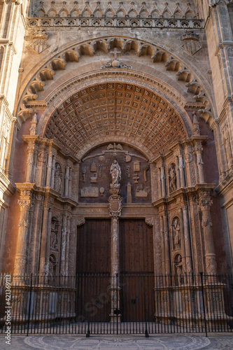Beautiful view of the entrance of the cathedral Basilica de Santa Maria in Palma de Mallorca  Spain  Vertical 