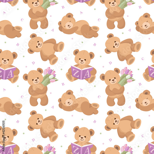 Cute Teddy Bear seamless pattern. Toy Bear in different poses. Kids theme. Design for textile, fabric, gift paper. Vector