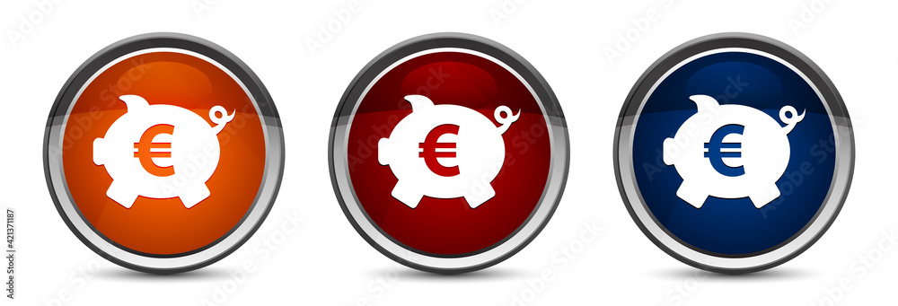 Piggy bank euro sign icon exclusive blue red and orange round button design set
