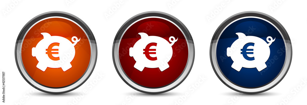 Piggy bank euro sign icon exclusive blue red and orange round button design set Piggy bank euro sign icon exclusive blue red and orange round button design set