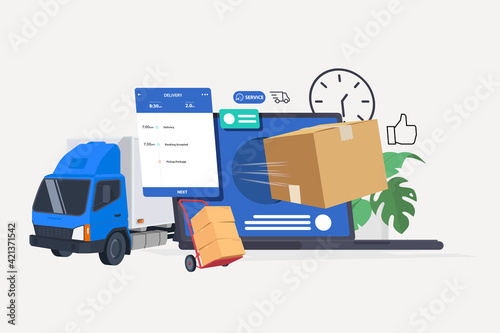 Delivery van movement on GPS map laptop screen background. Order Tracking concept. Vector illustration flat
