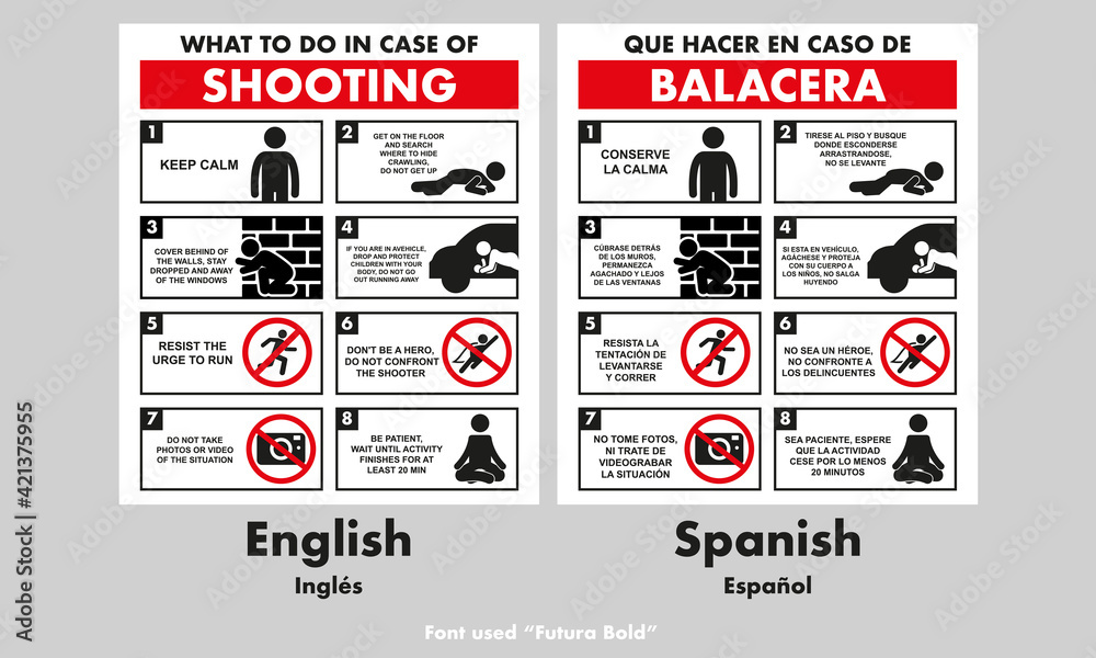 what to do in case of shooting signage, two idioms, english and spanish