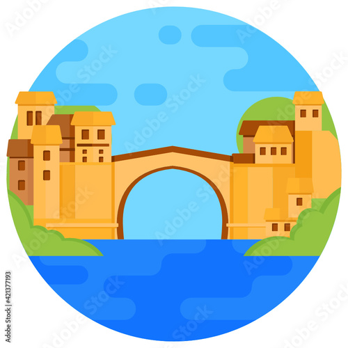 
A flat rounded background icon of stari most bridge 

