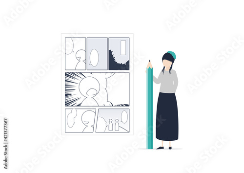 漫画を描く日本人女性のイラスト素材