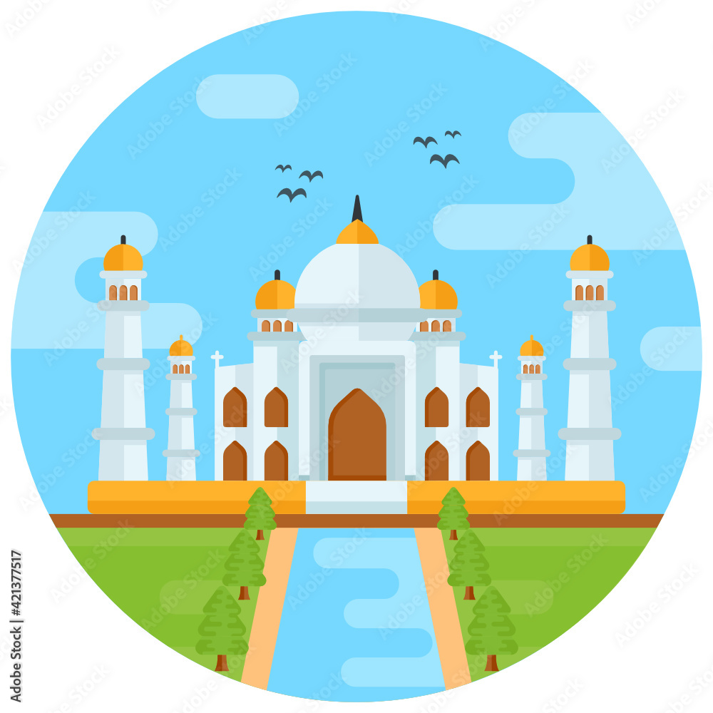 
Famous indian landmark, flat rounded icon of taj mahal

