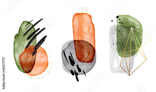 Organic vector illustration hand drawn. Orange green  doodles and various shapes. Modern contemporary print, gold foil texture, business icons Vector