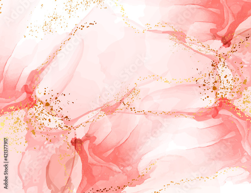 Abstract coral pink watercolor marble texture white background.The color splashing idigital paper  hand drawn texture, horisontal template Vector