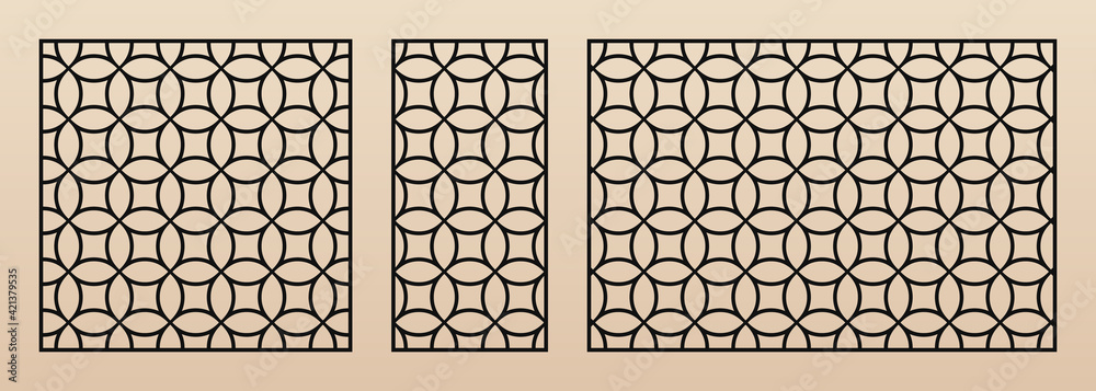 Laser cut panels. Vector template with geometric pattern in Arabian style, circular grid, lattice, curved lines. Decorative stencil for laser cutting of wood, metal, plastic. Aspect ratio 1:1, 1:2 Laser cut panels. Vector template with geometric pattern in Arabian style, circular grid, lattice, curved lines. Decorative stencil for laser cutting of wood, metal, plastic. Aspect ratio 1:1, 1:2