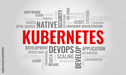 KUBERNETES word cloud. Cybersecurity open-source container-orchestration system concept. Vector illustration photo