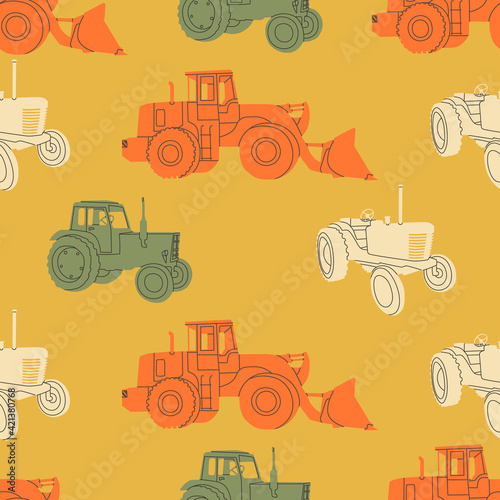 Vector seamless pattern of agricultural tractor or harvester. Simple, flat, retro style. Typical equipment for agro-industrial complexes. For agricultural business.