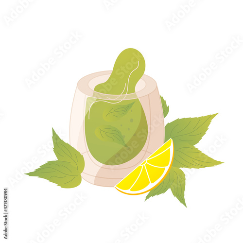Mint tea with lemon in glass with double bottom, healing herbal drink in cartoon style. Vector illustration