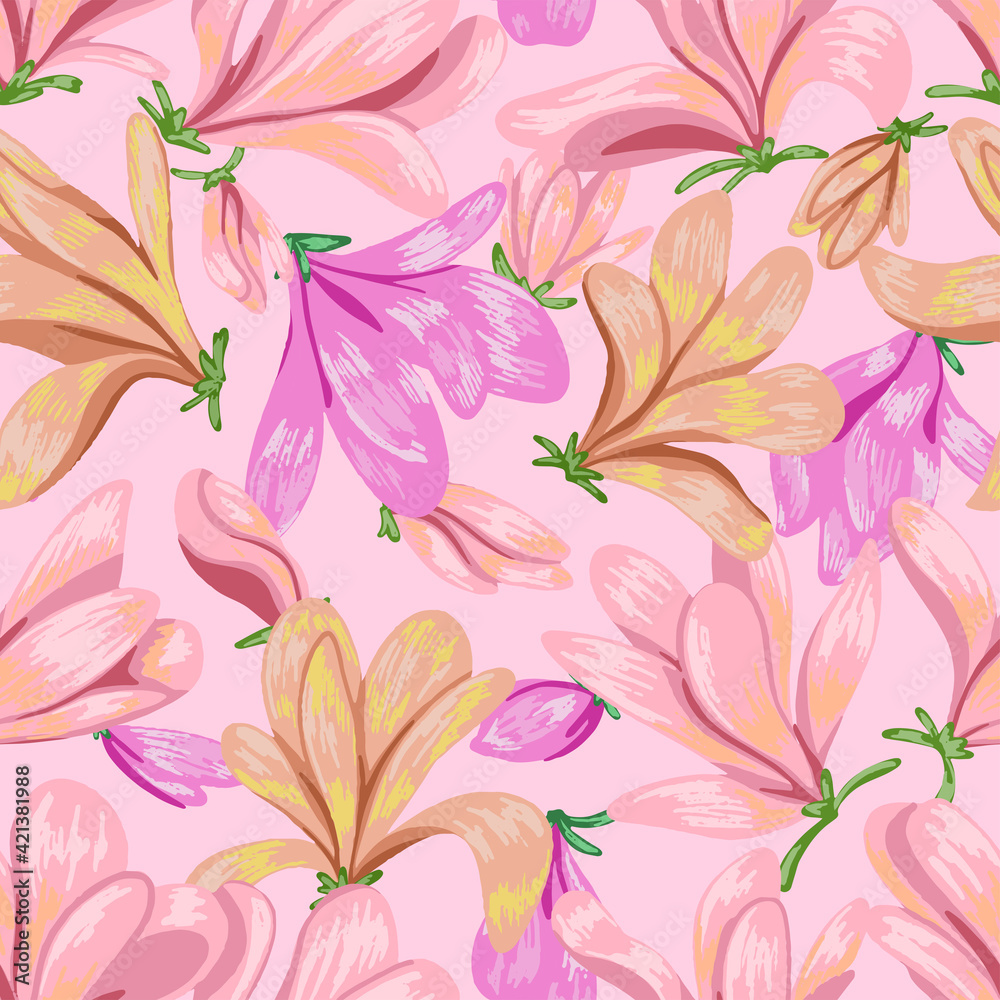 Blooming magnolia flowers seamless pattern. Hand drawn vector illustration. Spring season botanical background. Colored vintage ornament. Design for fabric, textile, wallpaper, print, decor, wrap. Blooming magnolia flowers seamless pattern. Hand drawn vector illustration. Spring season botanical background. Colored vintage ornament. Design for fabric, textile, wallpaper, print, decor, wrap.