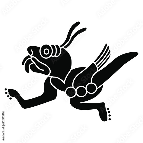 Monster locust. Native American art of Aztec Indians. Animal pre Columbian mythological design from Mexican codex. Black and white silhouette.
