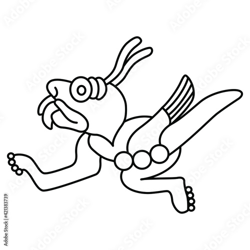 Monster locust. Native American art of Aztec Indians. Animal pre Columbian mythological design from Mexican codex. Black and white linear silhouette.