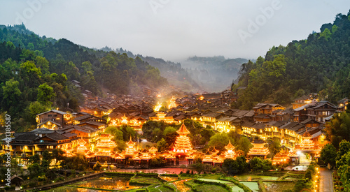 Night view of Dong Village in Zhaoxing, Guizhou, China