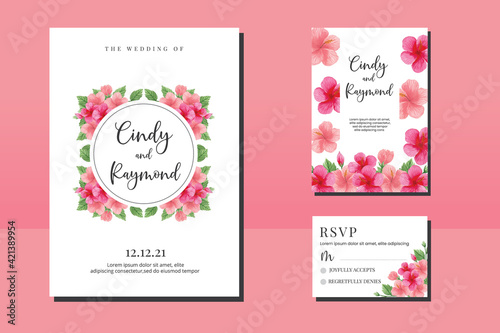 Wedding invitation frame set  floral watercolor hand drawn Hibiscus Flower design Invitation Card Template