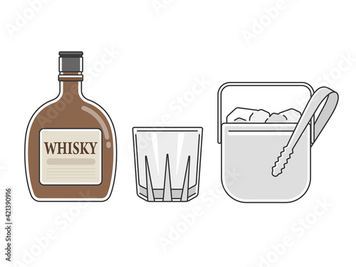 ウイスキーとロックグラスとアイスペールのイラスト
