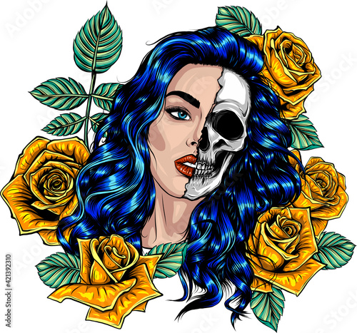 illustration head skull girl with roses around
