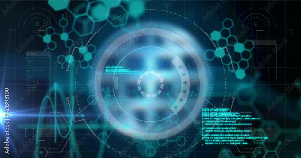 Animation of scope scanning and data processing with hexagon networks on black background Animation of scope scanning and data processing with hexagon networks on black background