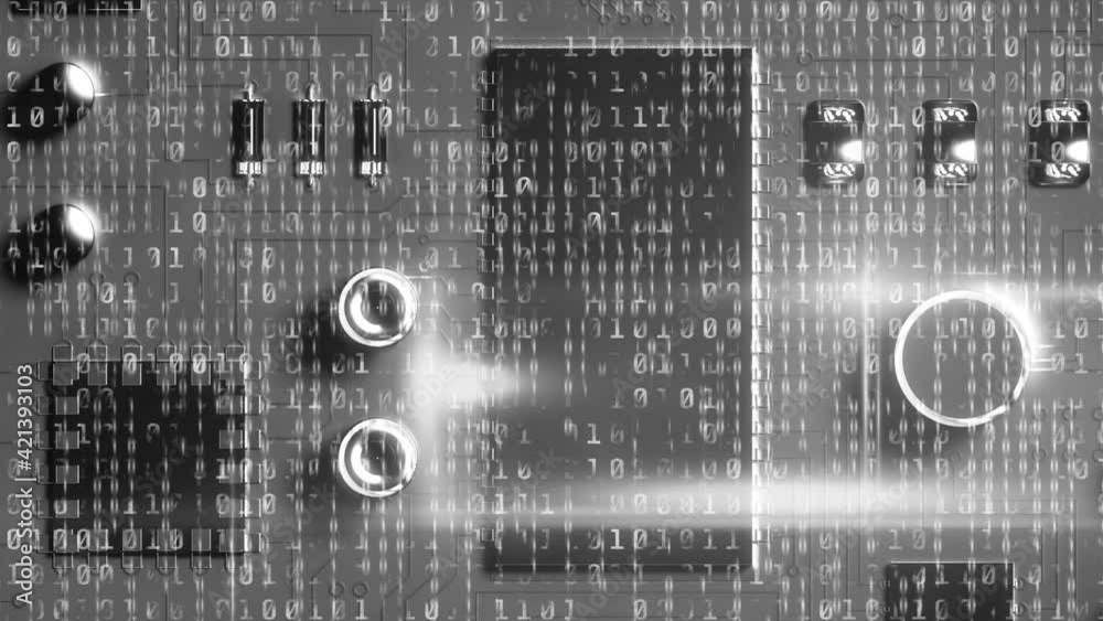 Animation of binary coding data processing over computer board in background