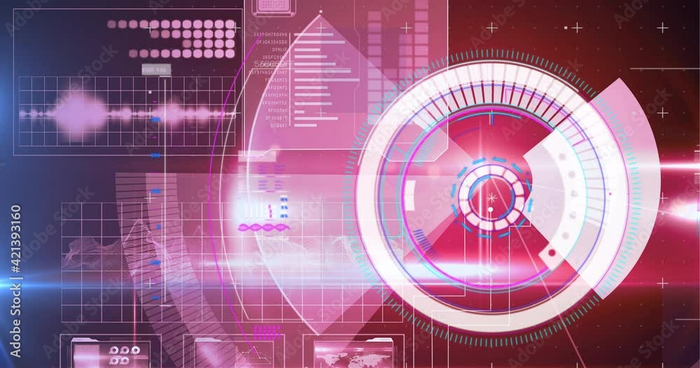 Animation of scope scanning and data processing over pink glowing background Animation of scope scanning and data processing over pink glowing background