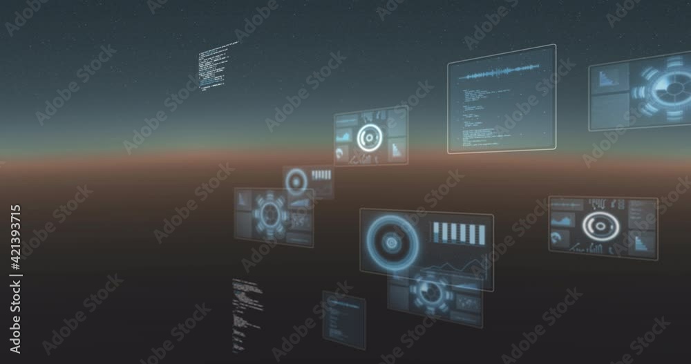 Animation of data processing and scopes scanning on screens over gradient background Animation of data processing and scopes scanning on screens over gradient background
