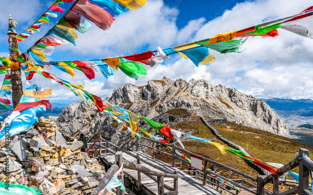 Shika snow mountain summit and Tibetan Buddhist prayer flags view Shangri-La Yunnan China