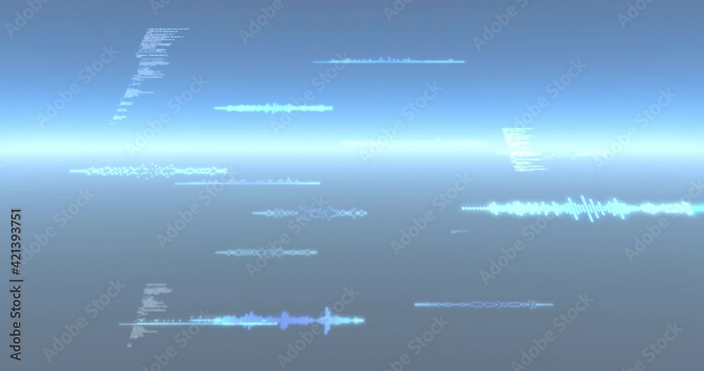 Animation of data processing and particles recording on glowing blue background Animation of data processing and particles recording on glowing blue background