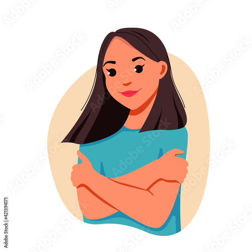 Self love concept, woman hugging herself. Love yourself. Love your body concept. Girl Healthcare Skincare. Take time for your self. Vector illustration. Woman hugging herself with hearts 