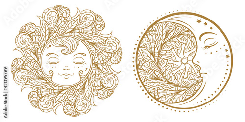 Ethnic sun and moon symbols. Temporary tattoo set.