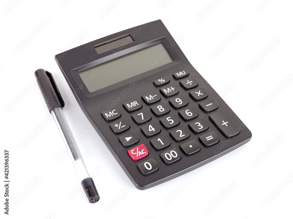 Calculator and signature pen on white background Calculator and signature pen on white background