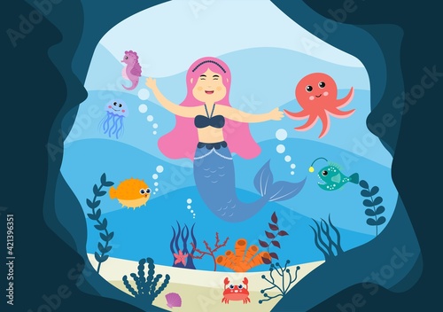 Underwater Mermaid Vector Illustration Cute Sea Animals Cartoon Characters Along with Fish, Turtle, Octopus, Seahorse, Crab © denayune