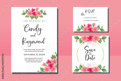 Wedding invitation frame set, floral watercolor hand drawn Hibiscus Flower design Invitation Card Template