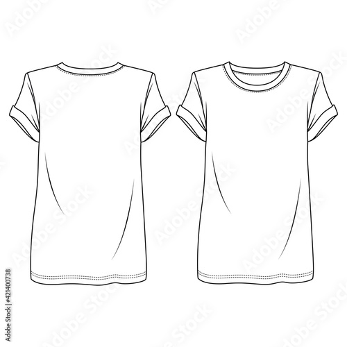 Trendy Women short sleeves t-shirt with padded shoulders fashion flat sketch template. Girls Tunic Length Tee Technical Fashion Illustration