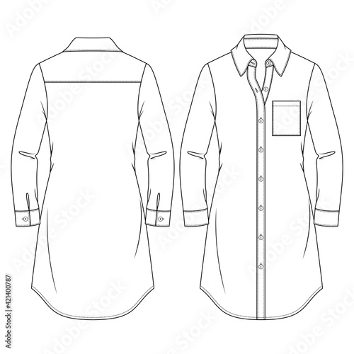 Women Long Blouse flat fashion sketch template. Technical Fashion Illustration. Girls Shirt Dress. Buttoned Front. Chest pocket