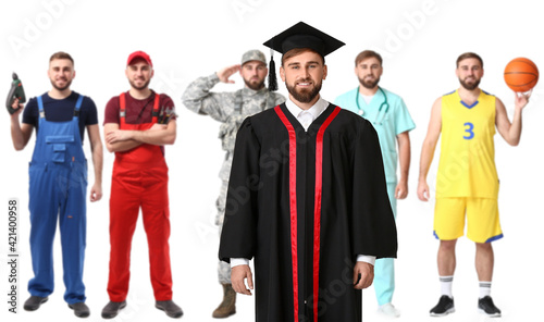 Collage of young man in bachelor robe and uniforms of different professions on white background. Concept of profession selection