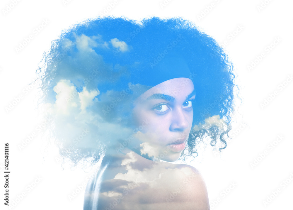 Double exposure of beautiful woman and cloudy sky on white background