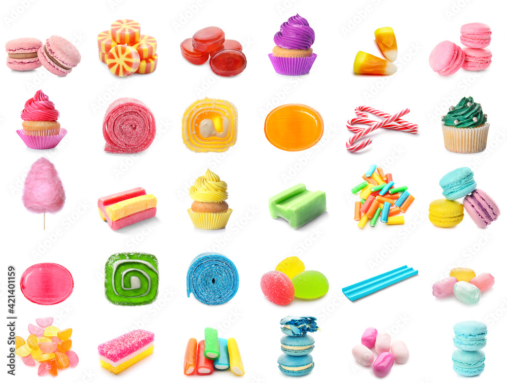 Set of different sweets on white background Set of different sweets on white background